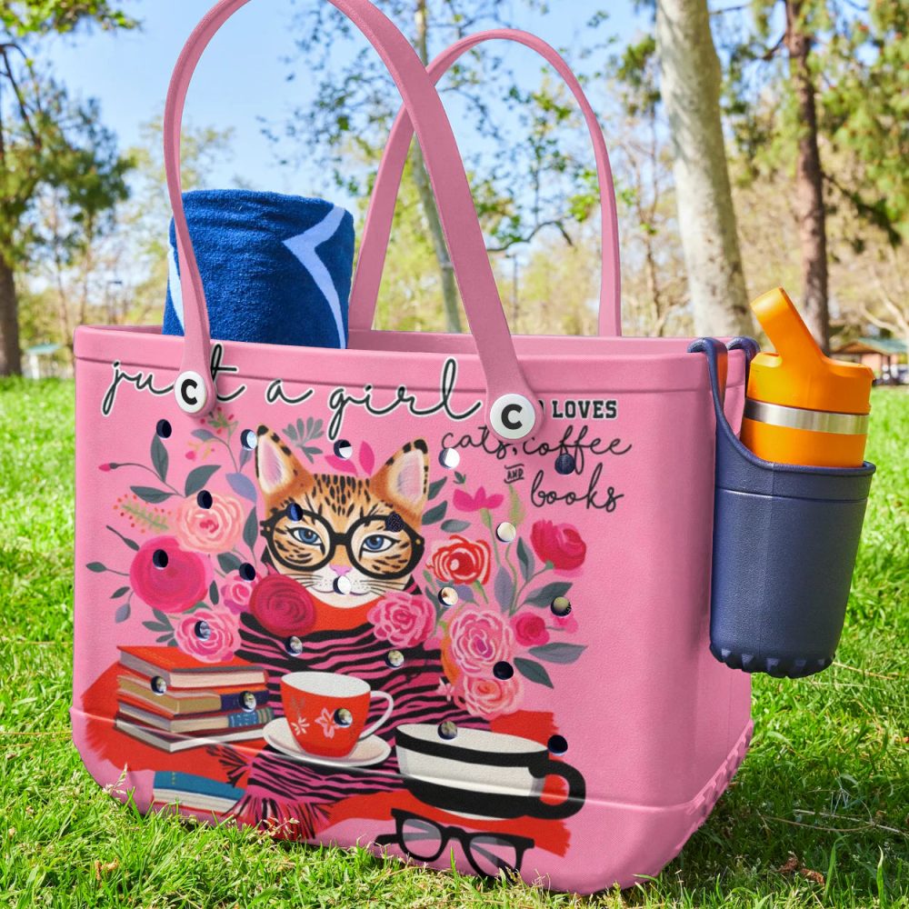 Chic Pink Tote Bag - Cat, Coffee & Books Design - Perfect For Cat Lovers! - Image 3