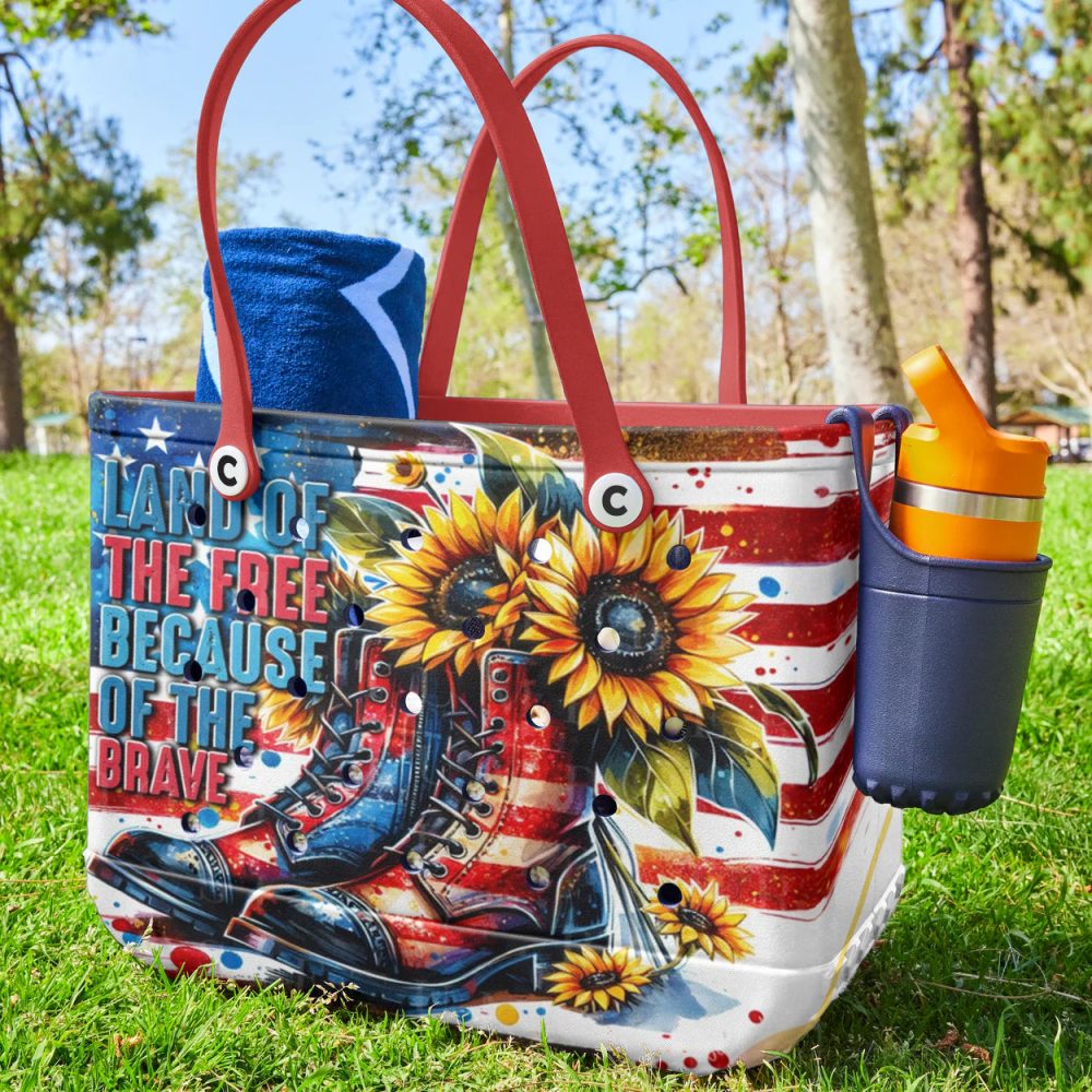 Patriotic Sunflower Tote Bag - Vibrant Usa Design With Boots & Flag Print - Image 2