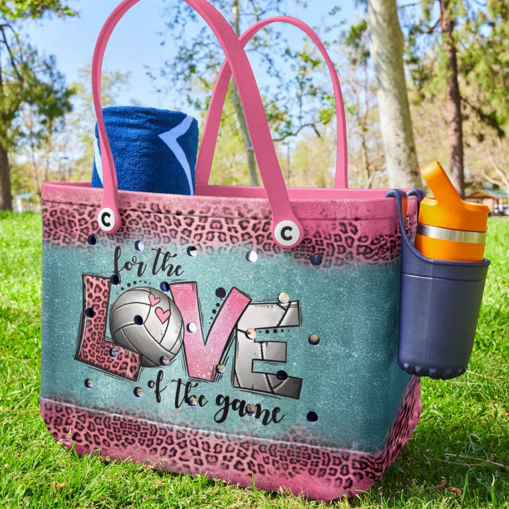 Volleyball Lover'S Tote Bag - Stylish Pink & Teal Leopard Print With Heart Design - Perfect For Game Day! - Image 3