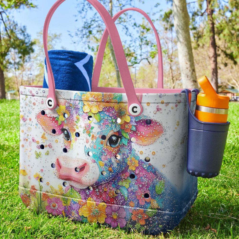 Bucket Tote Bag, Limited Edition Bogg Bag, Beach Bag Floral Bovine - Image 3