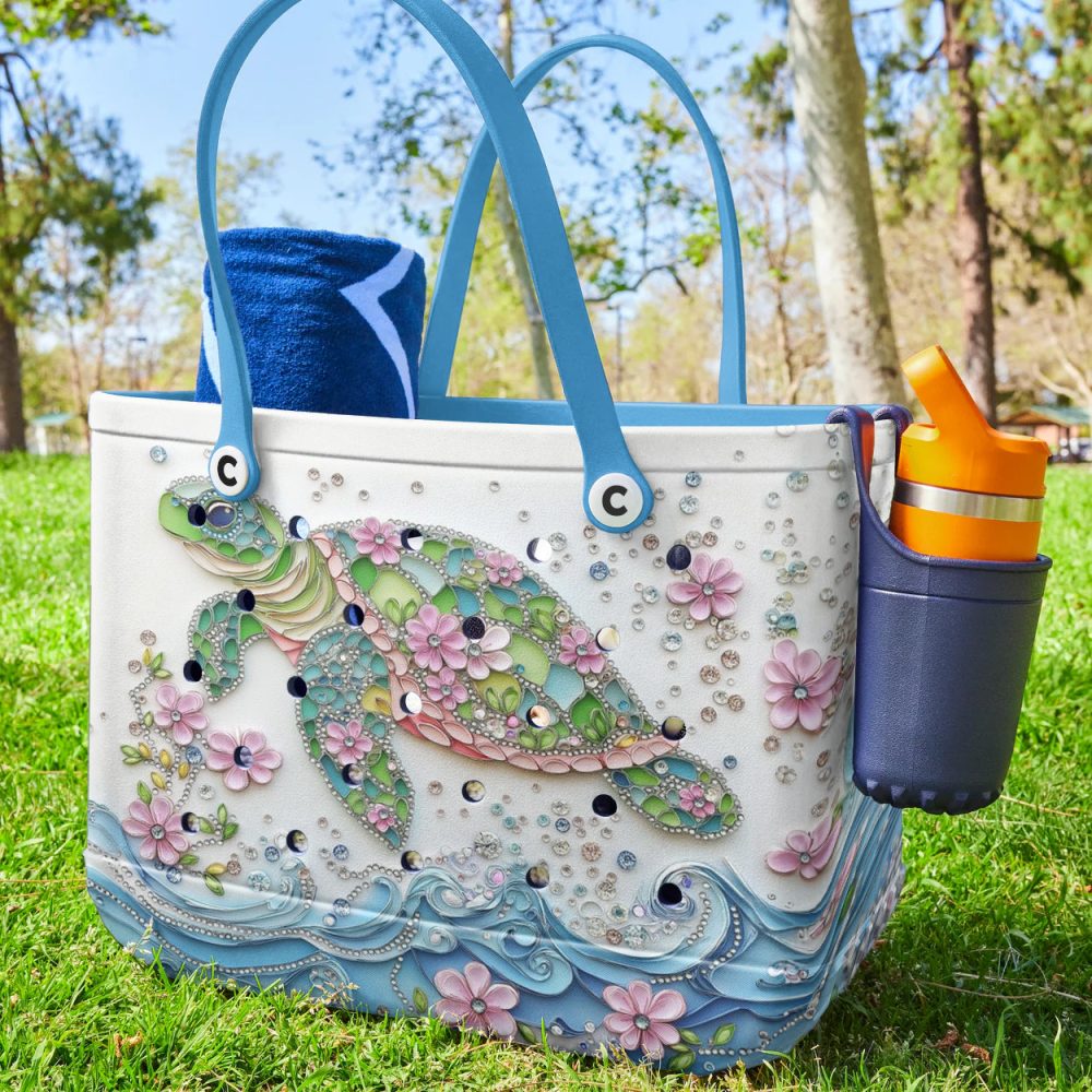 Chic Sea Turtle Tote Bag – Colorful Floral Design, Eco-Friendly Beach & Shopping Bag - Image 2