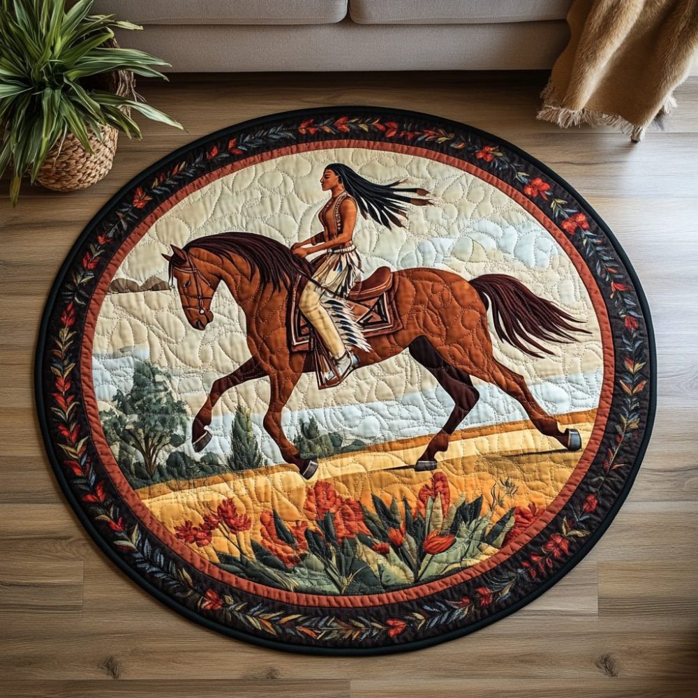 Native American Horse Quilted Round Mat