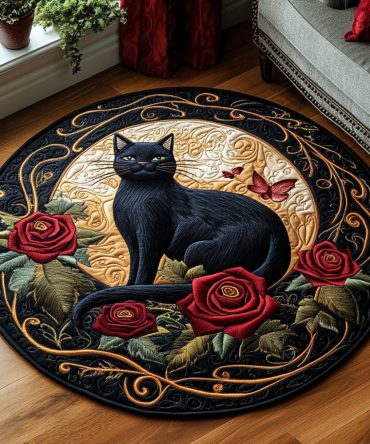 Night Bloom Feline Quilted Round Mat