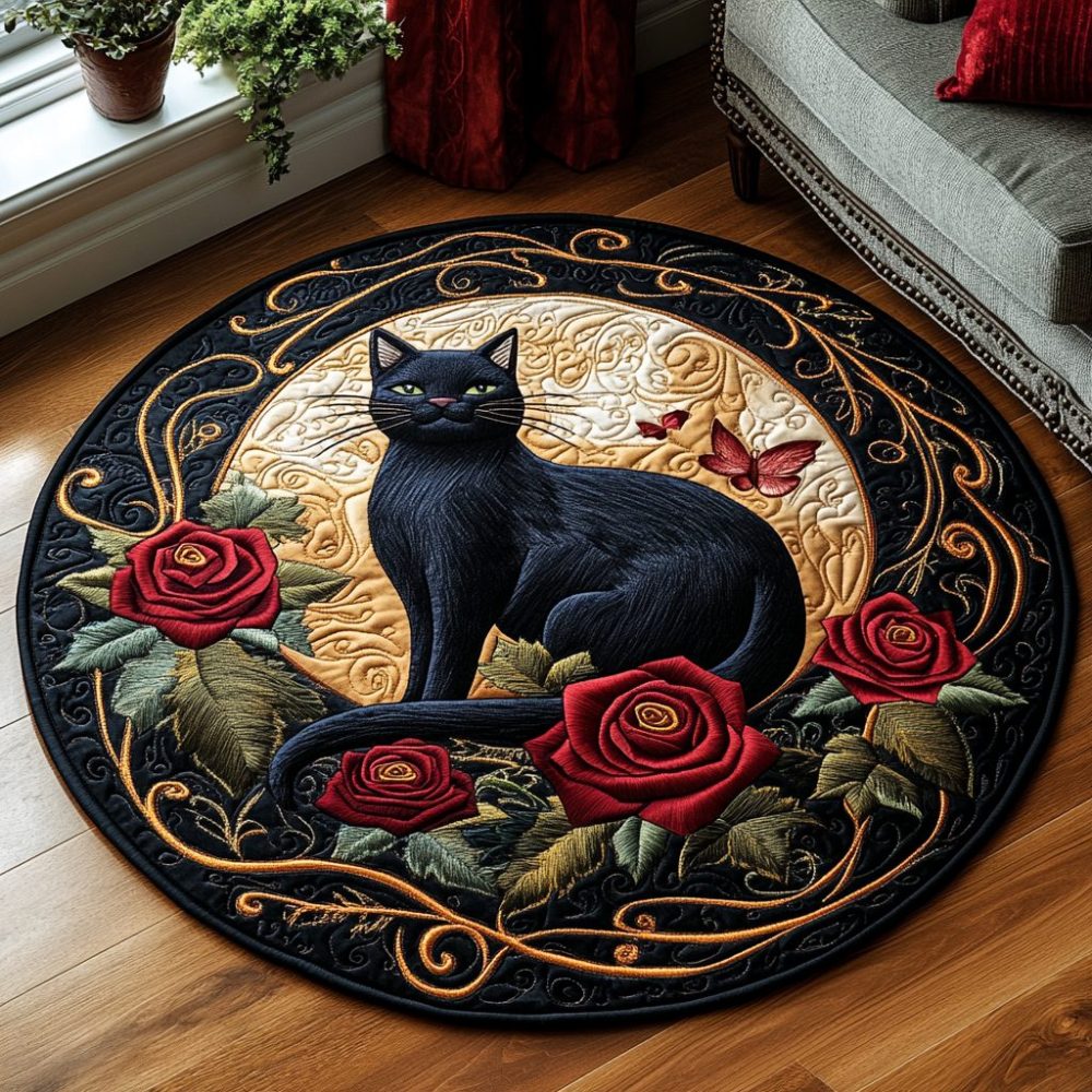 Night Bloom Feline Quilted Round Mat