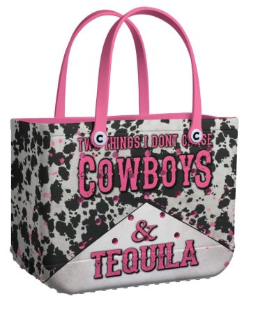Stylish Cow Print Tote Bag - Cowboys & Tequila Design With Pink Handles - Perfect For Western Lovers