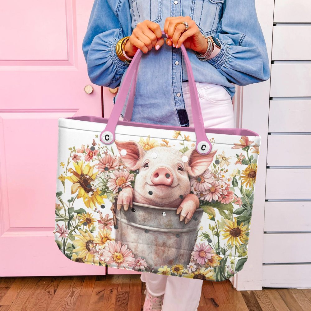Adorable Pig & Floral Tote Bag - Cute Farm Animal Design For Nature Lovers - Image 3
