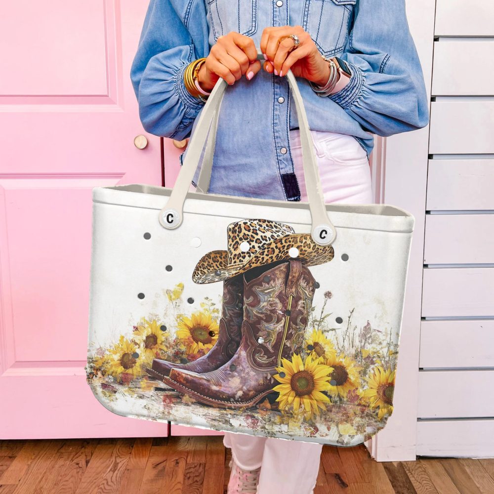 Chic Western Tote Bag - Cowboy Boots & Sunflowers Design With Leopard Hat Accent - Image 4