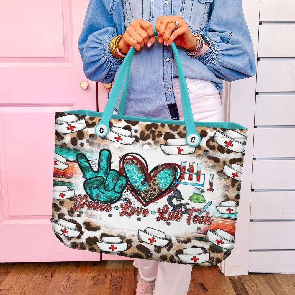 Peace Love Lab Tech Tote Bag - Stylish Nurse Gift With Leopard Print & Teal Accents - Image 2