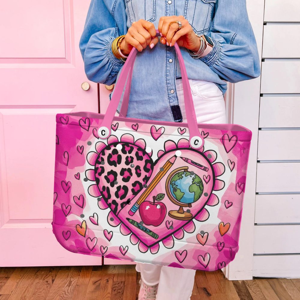 Vibrant Pink Heart Tote Bag - Leopard Print & School Icons - Perfect For Teachers & Students! - Image 2
