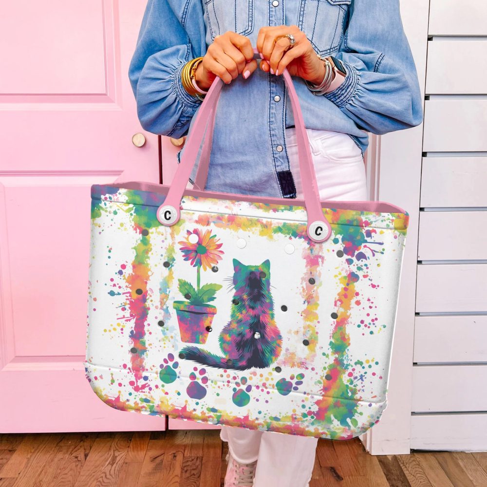 Colorful Cat & Flower Tote Bag – Waterproof, Spacious & Stylish For Everyday Use - Image 2