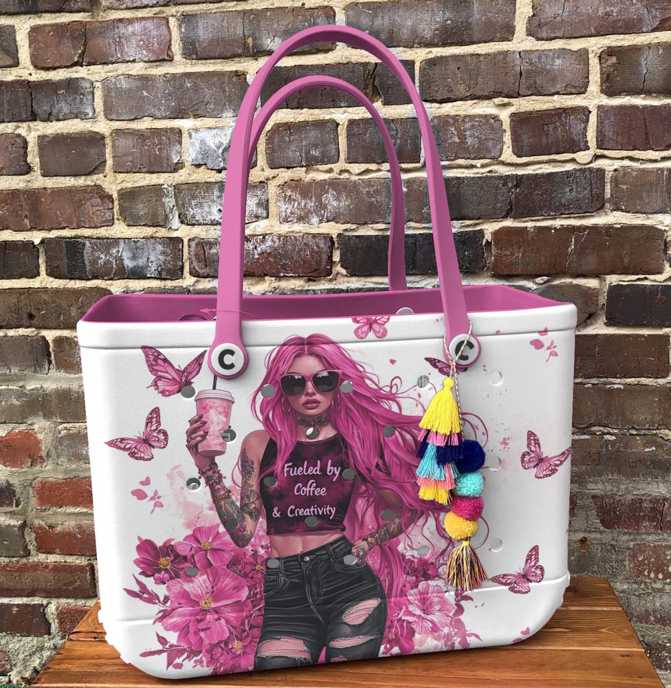 Trendy Pink Tote Bag - Coffee & Creativity Design, Butterfly Accents - Perfect For Stylish Outings - Image 2