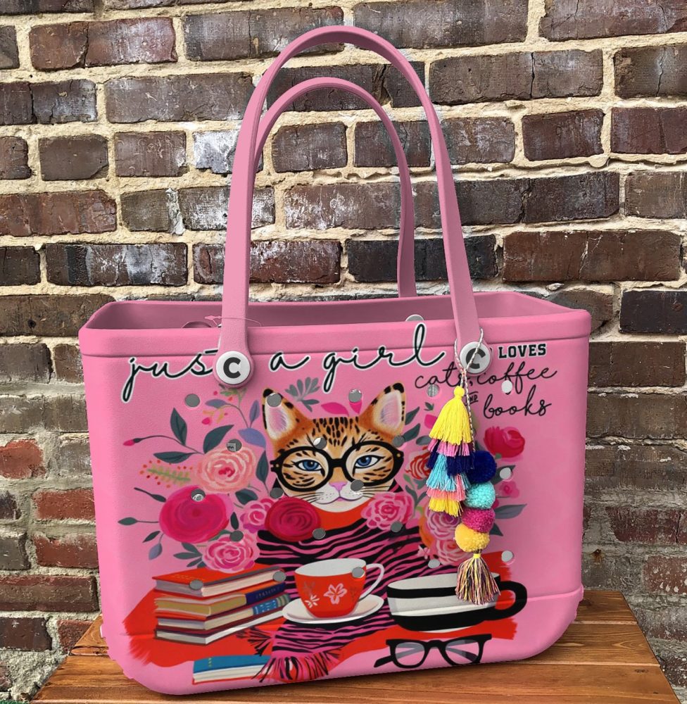 Chic Pink Tote Bag - Cat, Coffee & Books Design - Perfect For Cat Lovers! - Image 2