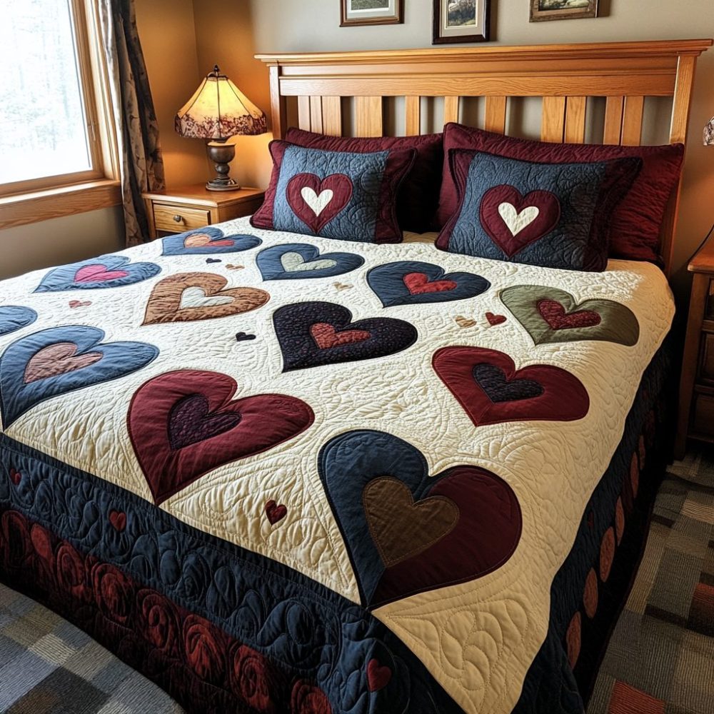 Patch Of Hearts 3-Piece Quilted Bedding Set