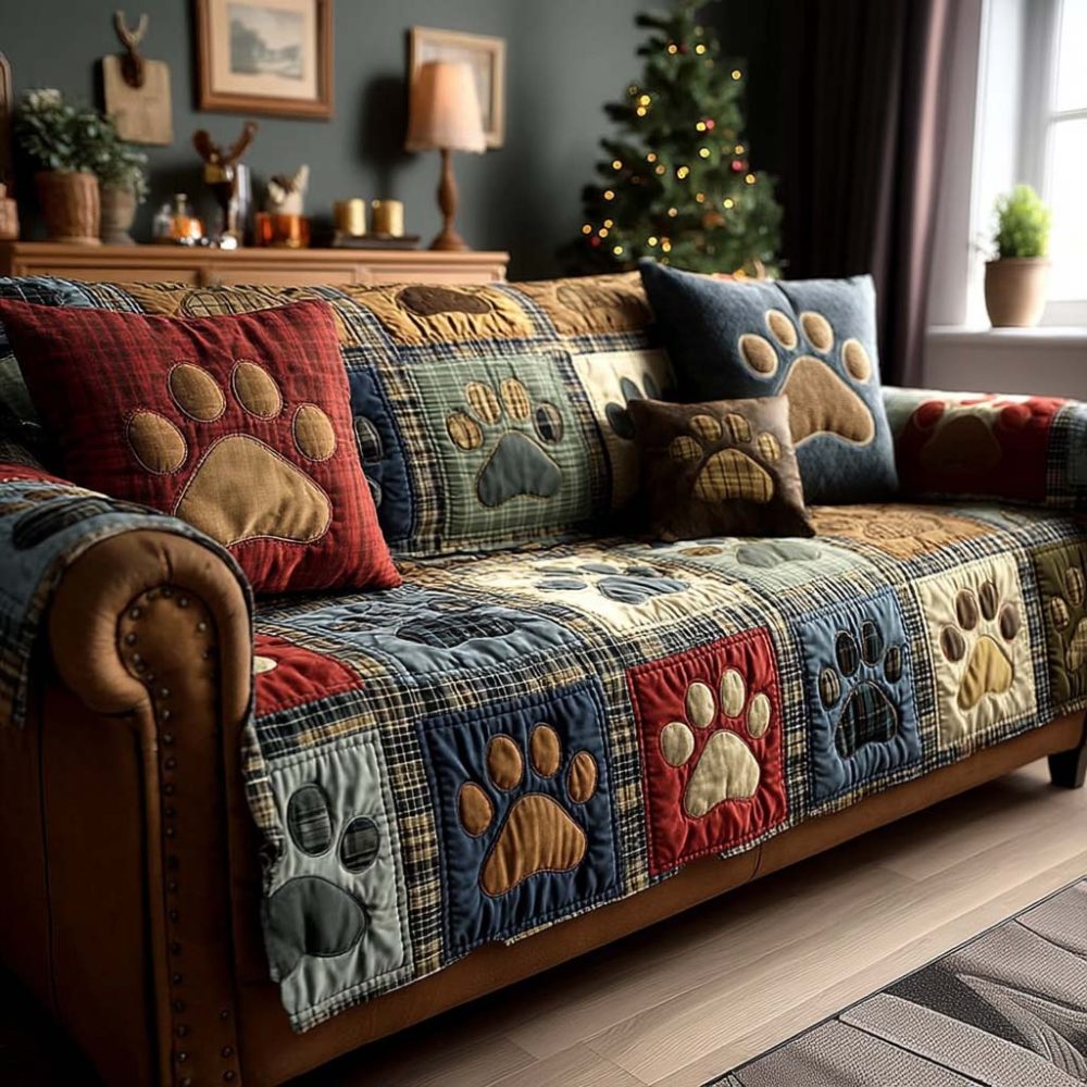 Paw Print Joy Quilted Sofa Cover