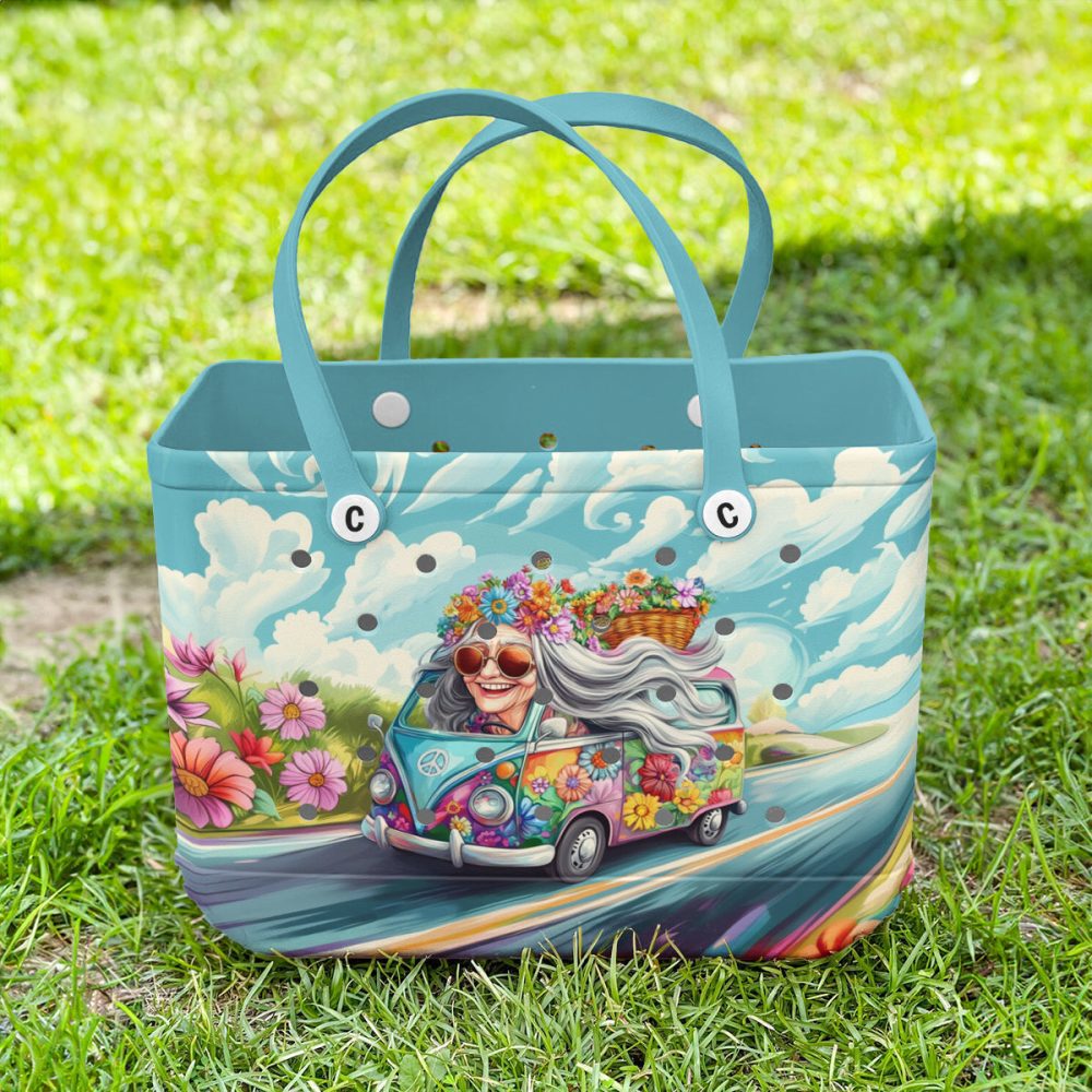 Bucket Tote Bag, Limited Edition Bogg Bag, Beach Bag Peace & Petals - Image 2