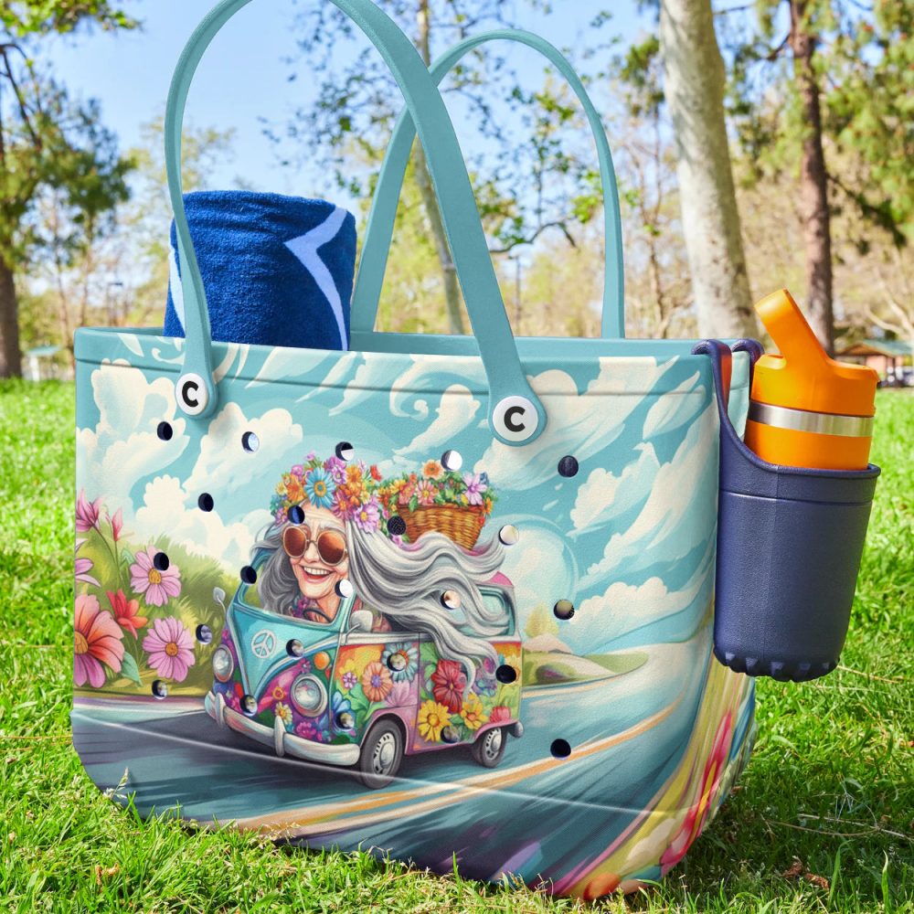 Bucket Tote Bag, Limited Edition Bogg Bag, Beach Bag Peace & Petals - Image 4