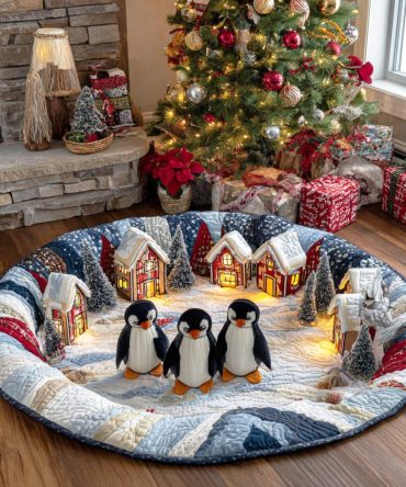 Penguin Snow Journey Quilted Round Mat