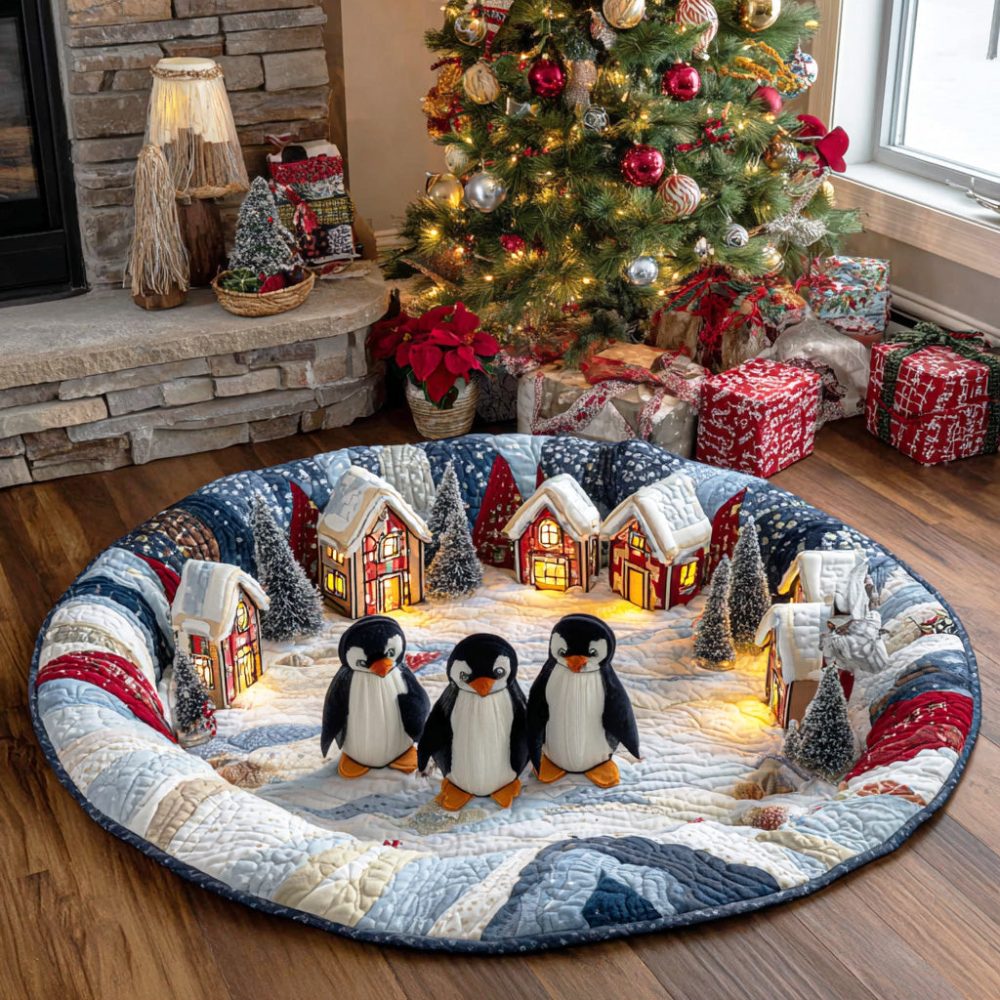Penguin Snow Journey Quilted Round Mat