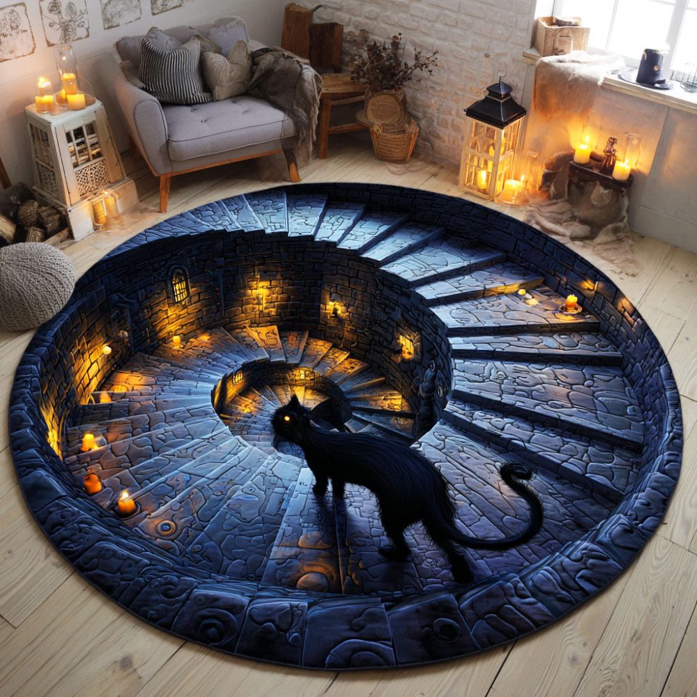 Phantom Cat Stairs Quilted Round Mat