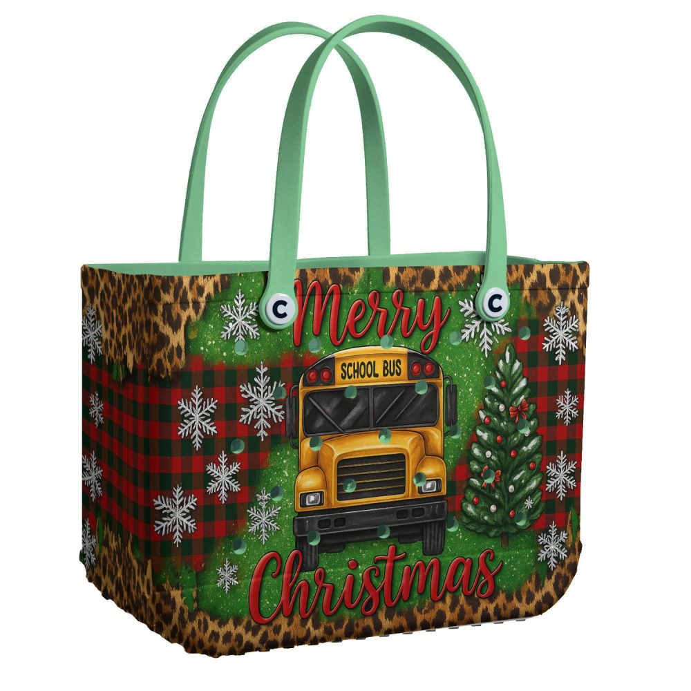 Merry Christmas Tote Bag - Festive School Bus & Tree Design, Perfect Holiday Gift!