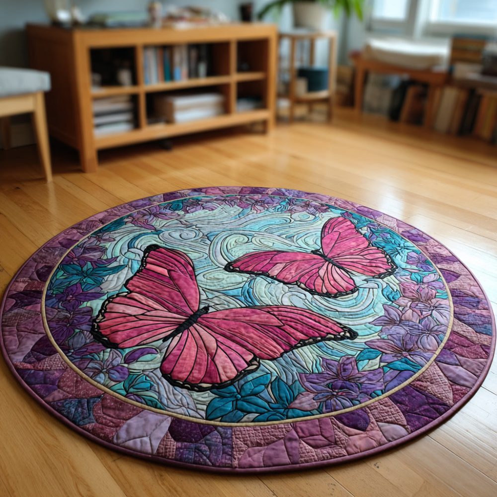 Pink Butterfly Swirls Quilted Round Mat