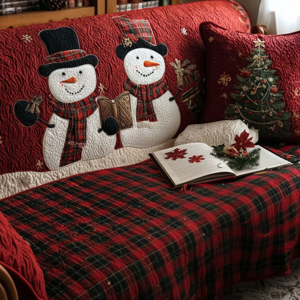 Plaid Snowman Cheer Quilted Sofa Cover