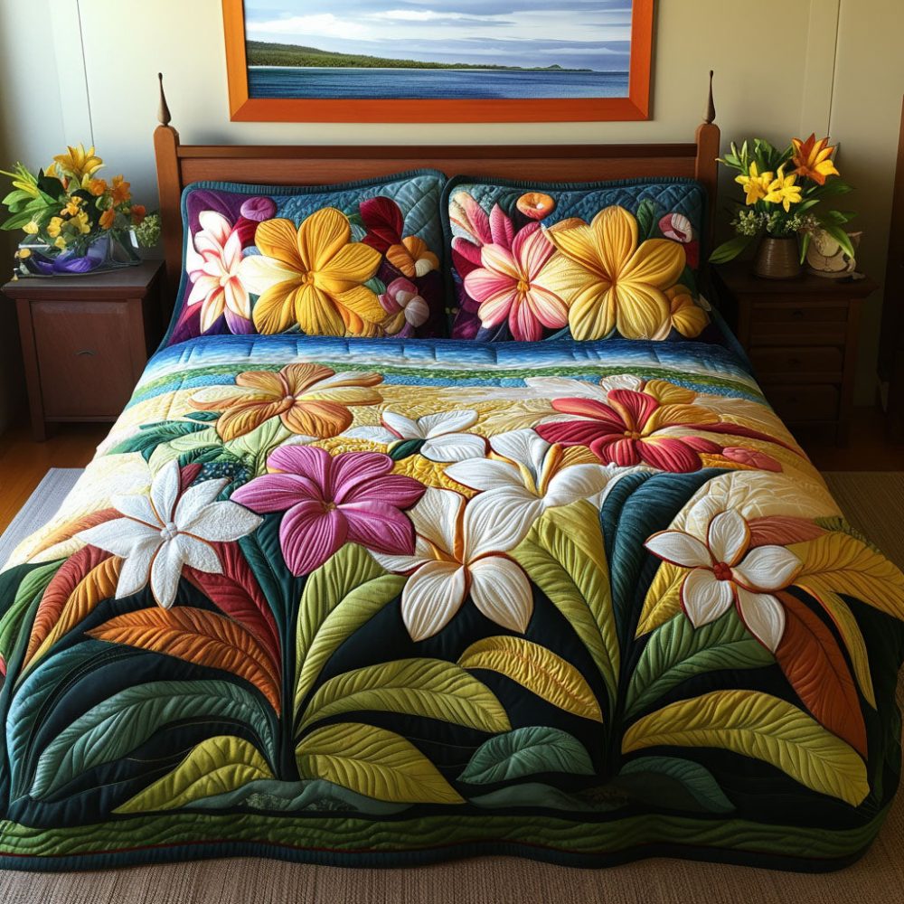 Plumeria Garden 3-Piece Quilted Bedding Set