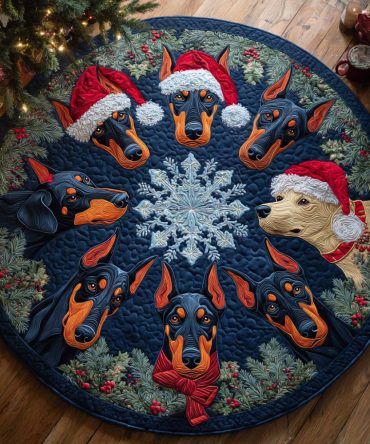 Poinsettia Doberman Cheer Quilted Round Mat