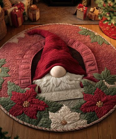 Poinsettia Gnome Quilted Round Mat