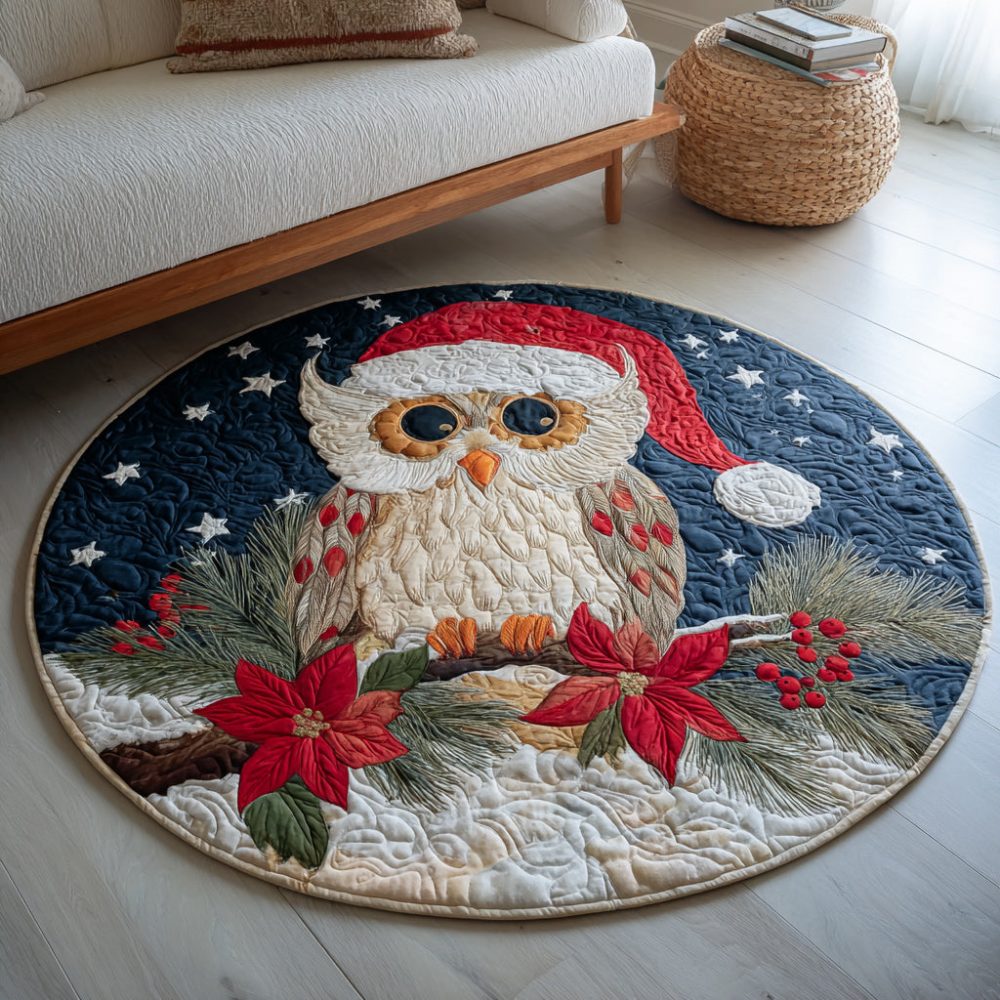 Poinsettia Owl Quilted Round Mat