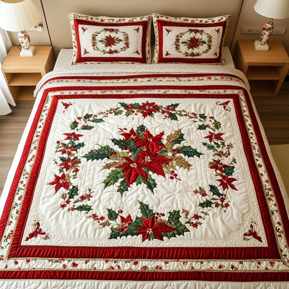 Poinsettia Spirit 3-Piece Quilted Bedding Set