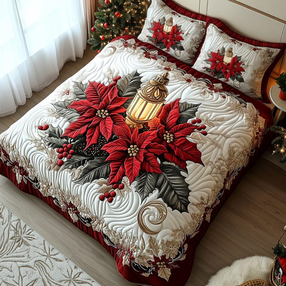Poinsettia Warmth 3-Piece Quilted Bedding Set