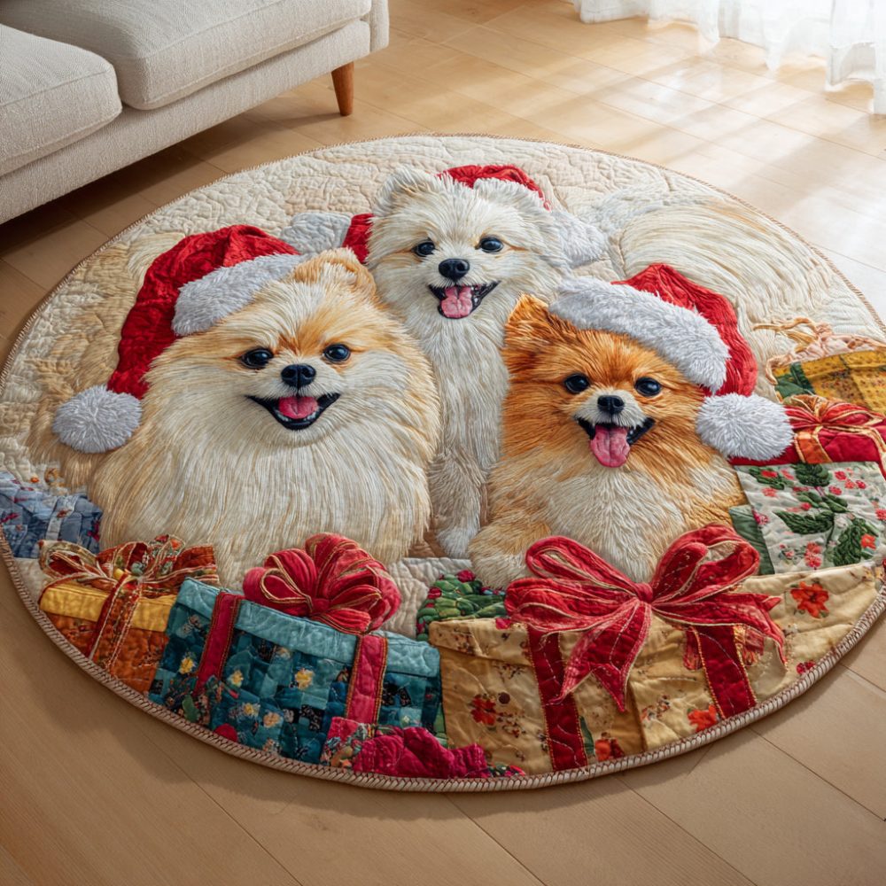 Pomeranian Presents Quilted Round Mat
