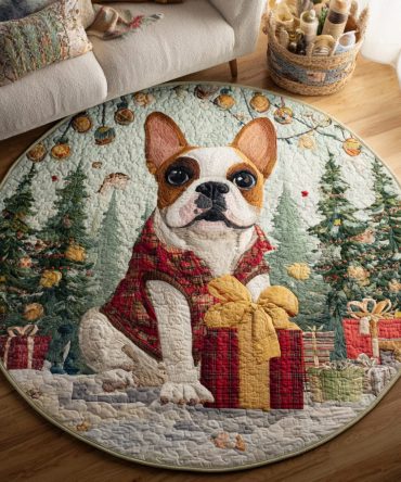 Present-Holding Bulldog Quilted Round Mat