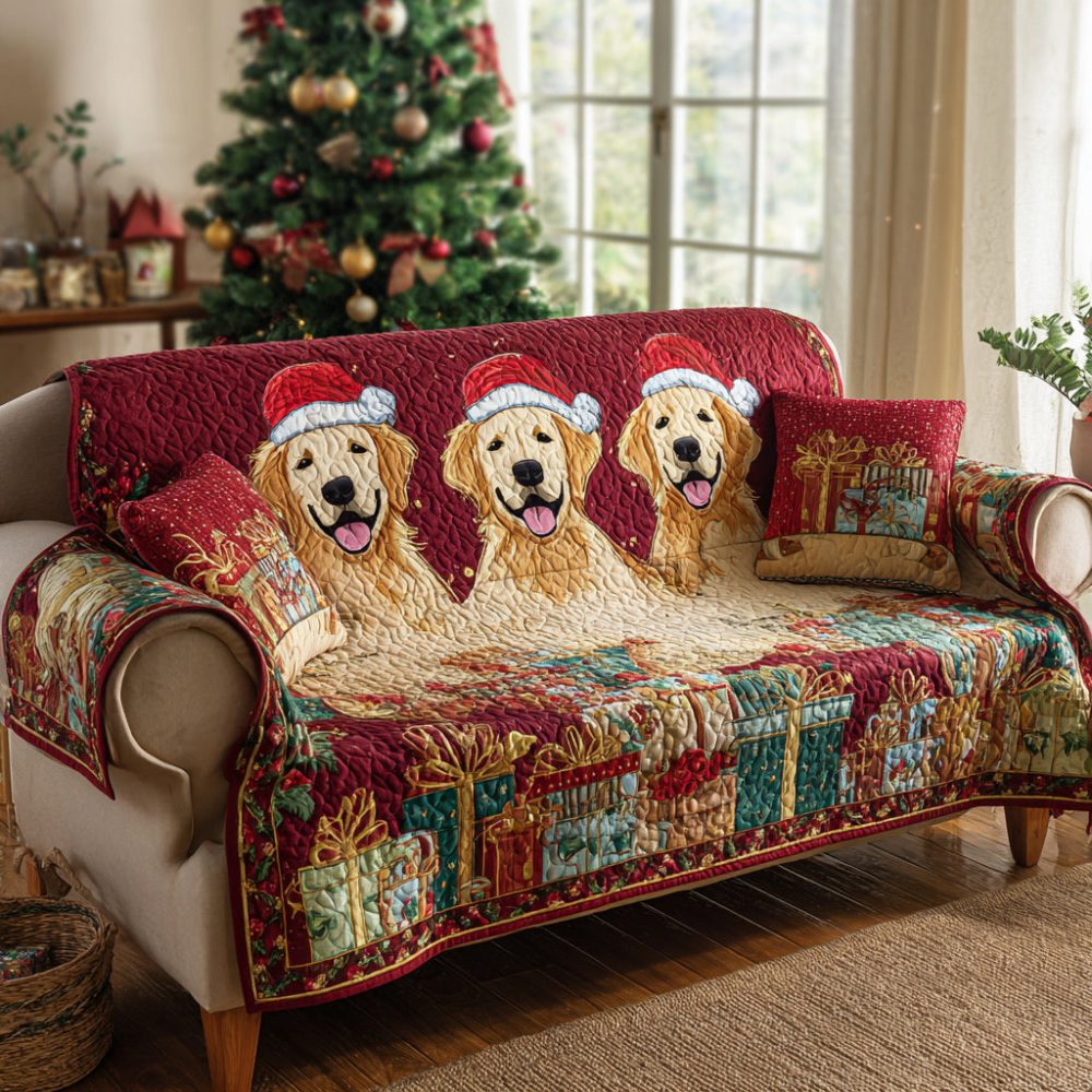 Presents Golden Retriever Quilted Sofa Cover