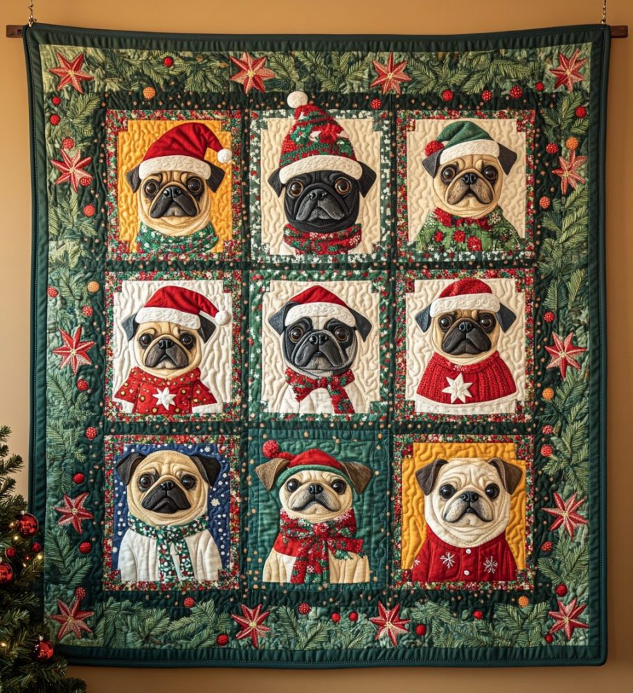 Pug Christmas Cuddles Quilted Blanket