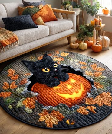 Pumpkin Cat Glow Quilted Round Mat