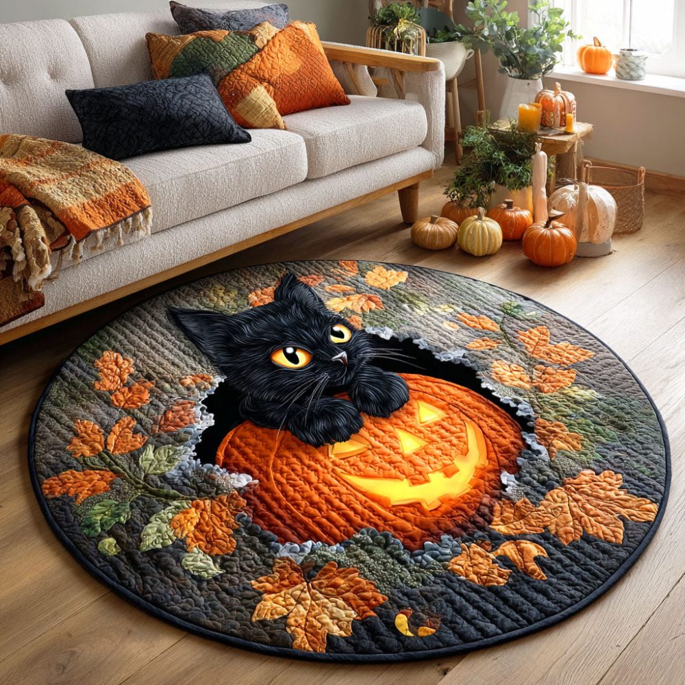Pumpkin Cat Glow Quilted Round Mat