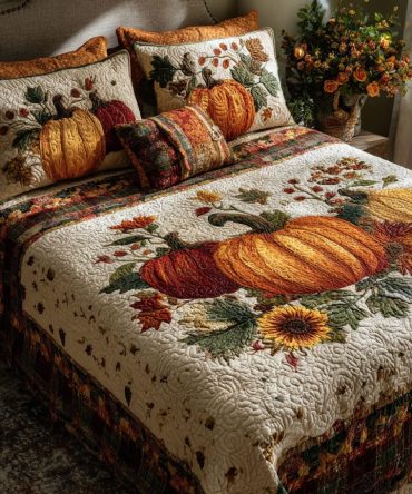 Pumpkin Harvest Time 3-Piece Quilted Bedding Set