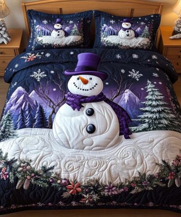 Purple Snowman 3-Piece Quilted Bedding Set