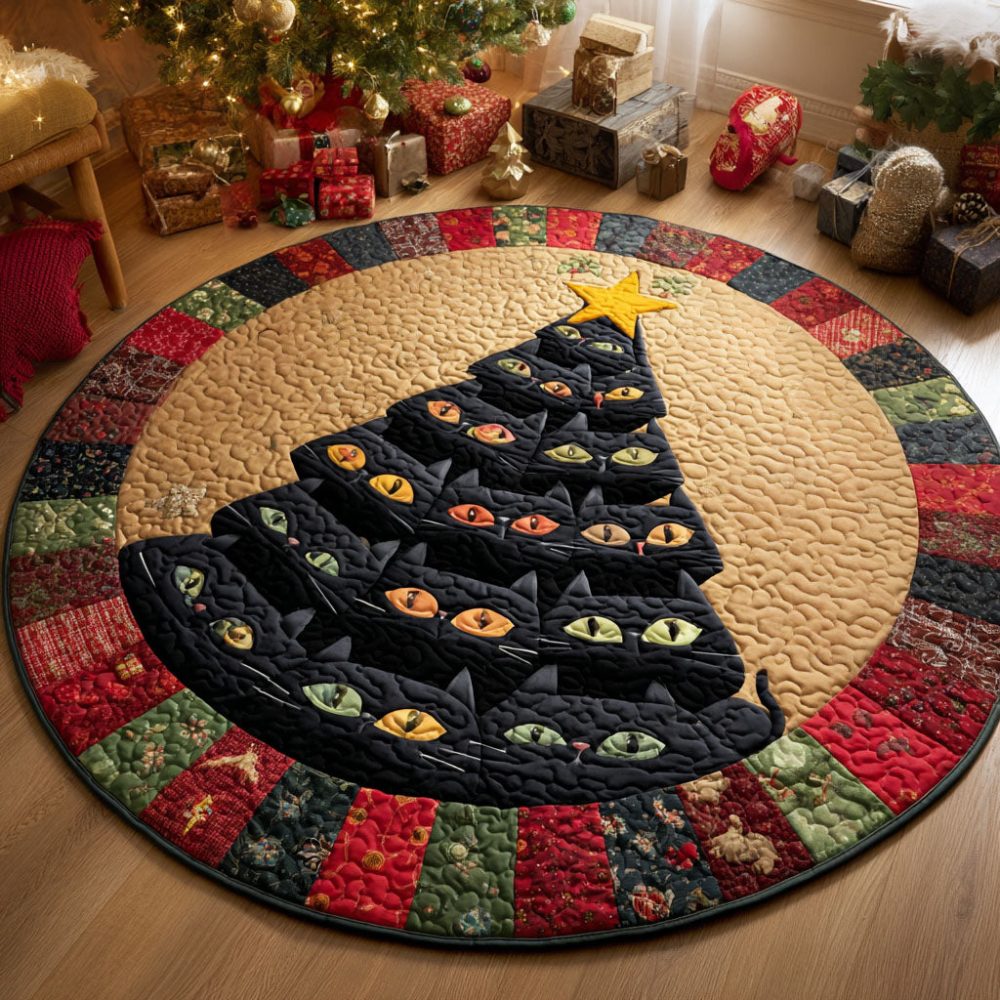 Purrfect Christmas Tree Quilted Round Mat