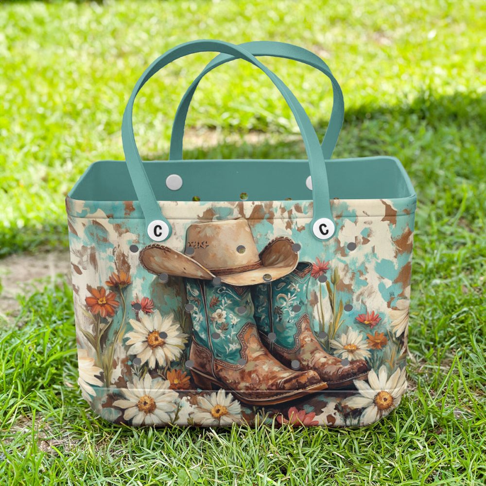 Vintage Western Tote Bag With Floral Cowboy Boots & Hat Design - Perfect For Country Style Lovers - Image 3