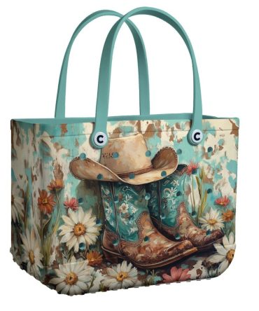 Vintage Western Tote Bag With Floral Cowboy Boots & Hat Design - Perfect For Country Style Lovers