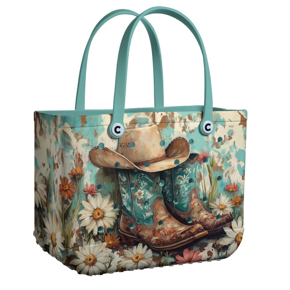 Vintage Western Tote Bag With Floral Cowboy Boots & Hat Design - Perfect For Country Style Lovers