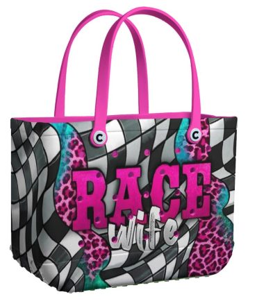 Stylish Race Wife Tote Bag – Bold Checker & Leopard Print With Pink Accents