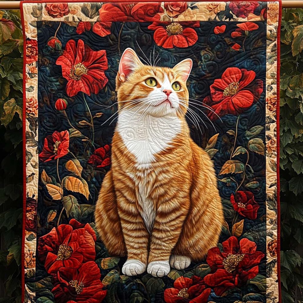 Red Poppy Cat Quilted Blanket