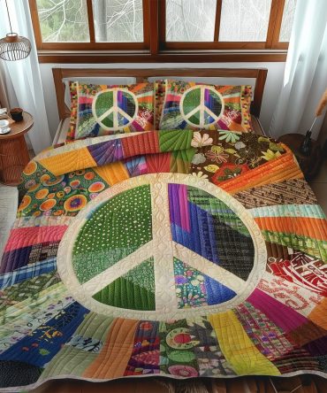 Retro Peace Sign 3-Piece Quilted Bedding Set