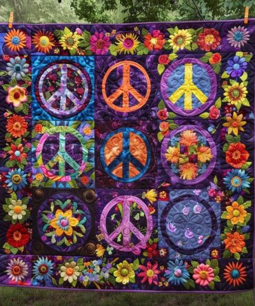Retro Peace Symbols Quilted Blanket