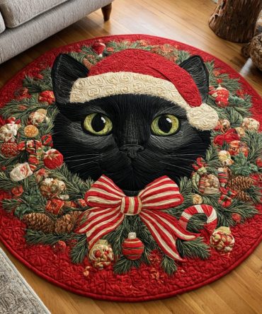 Ribbon Black Cat Quilted Round Mat