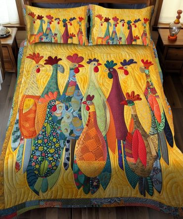 Rooster Meeting 3-Piece Quilted Bedding Set
